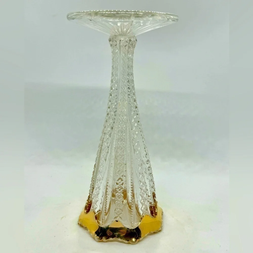 EAPG Duncan & Sons Co. #42 Antique Glass Mardi Gras Trumpet Vase w/ Gold Rim